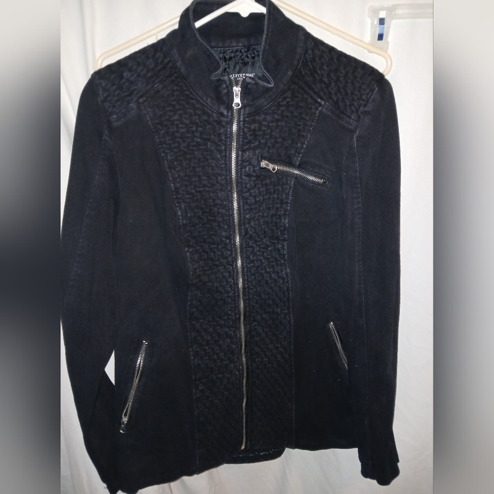 Liverpool Nereus Quilted Panel Black Mock Neck Full Zip Denim Jacket Size Large